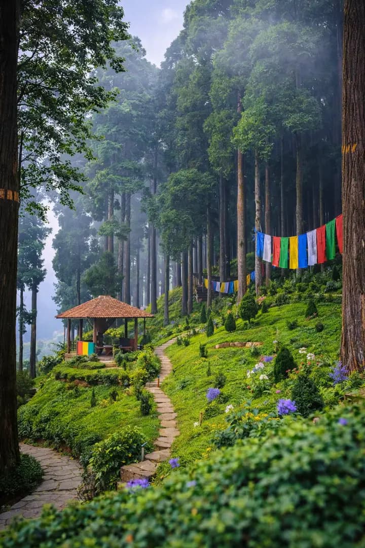 Terraced gardens and mountain view at Lamahatta Eco Park, Kalimpong